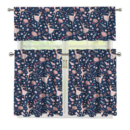 Floral Ballet Pattern Print 3 Piece Kitchen Curtains