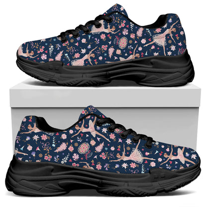 Floral Ballet Pattern Print Black Chunky Shoes