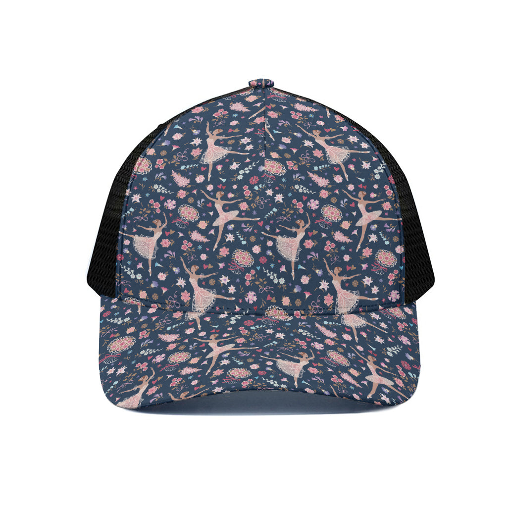 Floral Ballet Pattern Print Black Mesh Trucker Cap