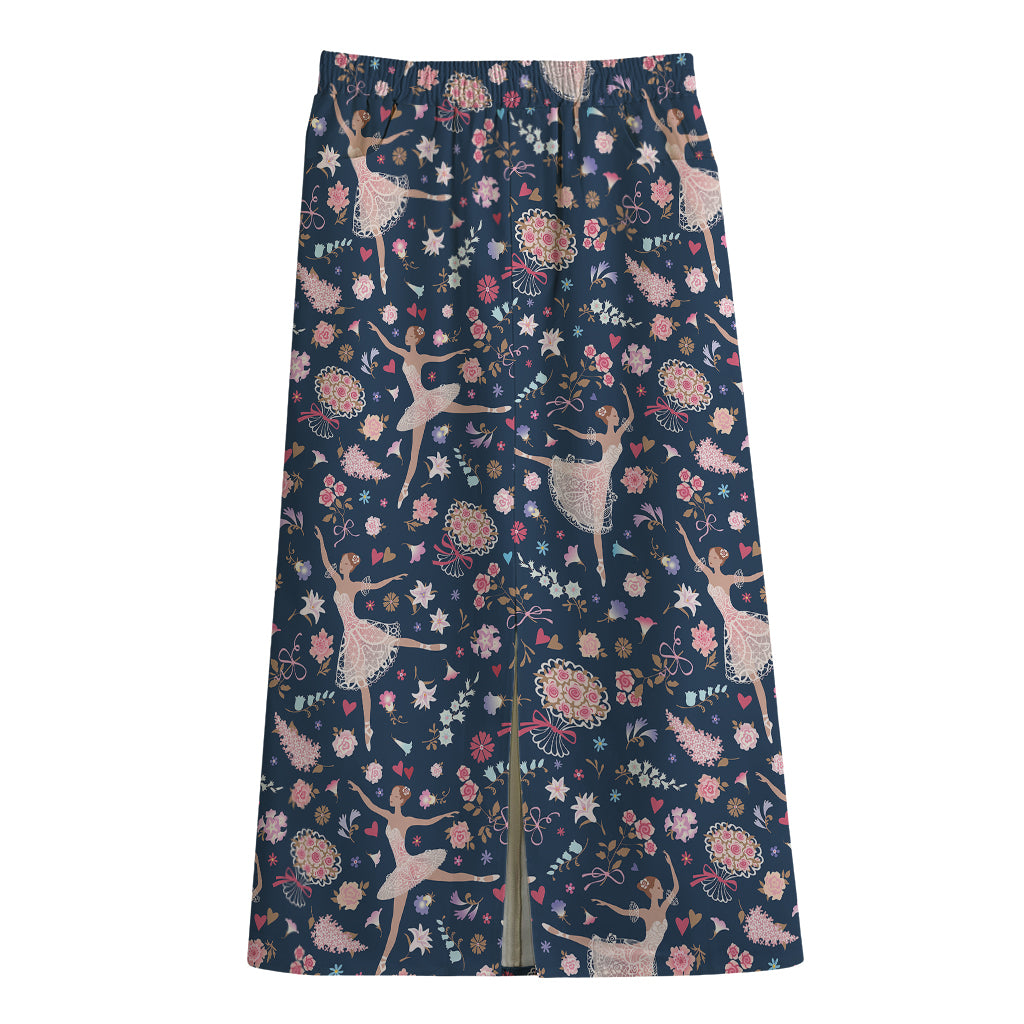 Floral Ballet Pattern Print Cotton Front Slit Maxi Skirt