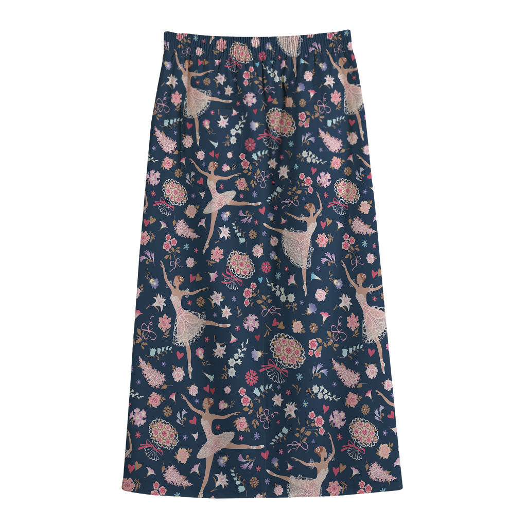 Floral Ballet Pattern Print Cotton Front Slit Maxi Skirt