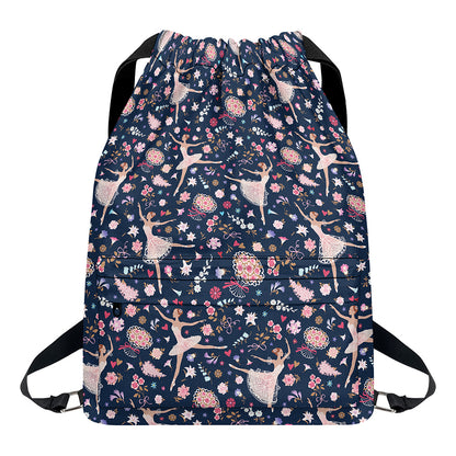Floral Ballet Pattern Print Drawstring Backpack