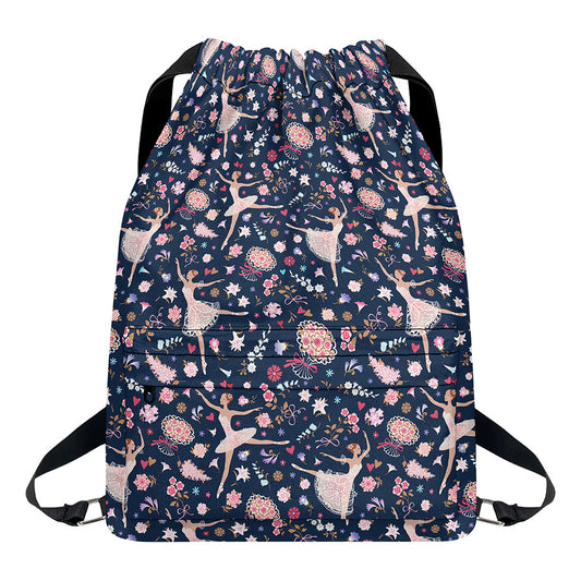 Floral Ballet Pattern Print Drawstring Backpack