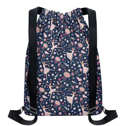 Floral Ballet Pattern Print Drawstring Backpack