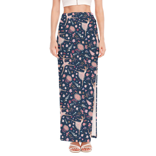 Floral Ballet Pattern Print High Slit Maxi Skirt