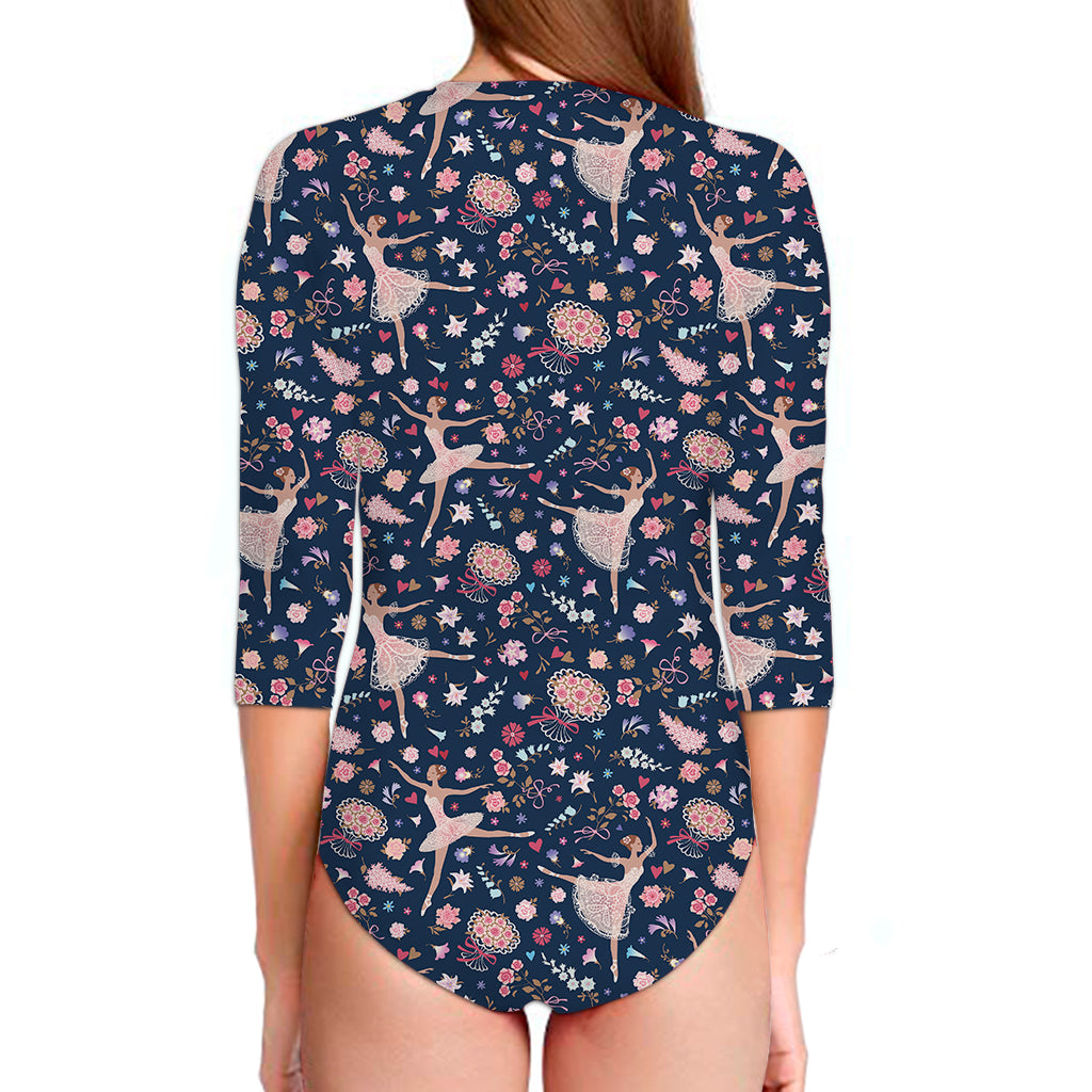 Floral Ballet Pattern Print Long Sleeve Swimsuit