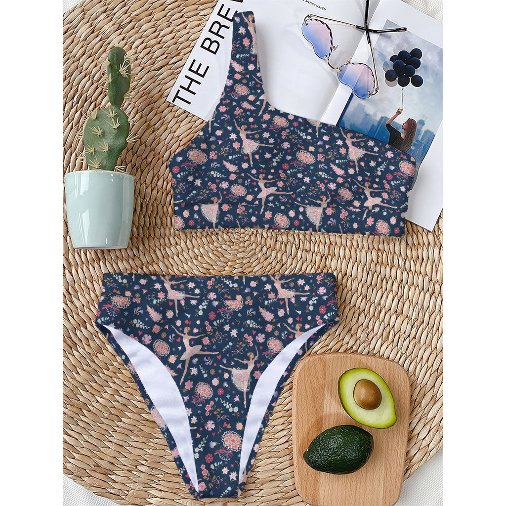 Floral Ballet Pattern Print One Shoulder Bikini Top