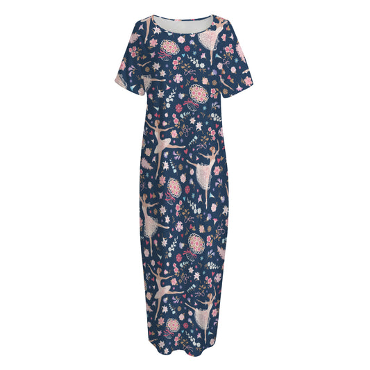 Floral Ballet Pattern Print Short Sleeve Long Nightdress