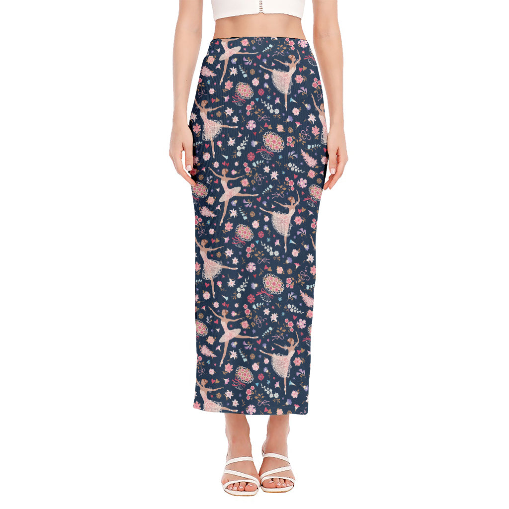 Floral Ballet Pattern Print Side Slit Maxi Skirt