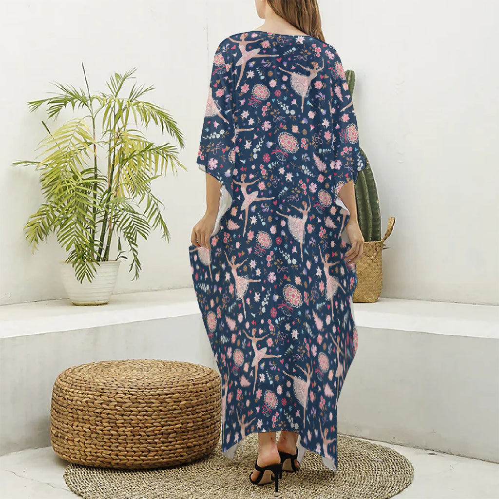 Floral Ballet Pattern Print Silk V-Neck Kaftan Dress