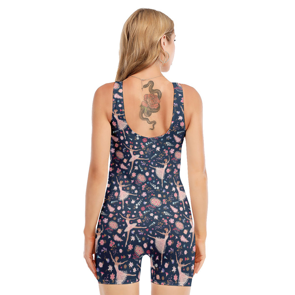 Floral Ballet Pattern Print Sleeveless One Piece Swimsuit