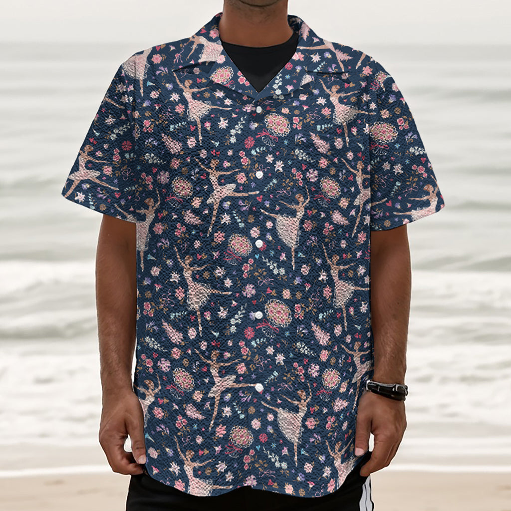 Floral Ballet Pattern Print Textured Short Sleeve Shirt