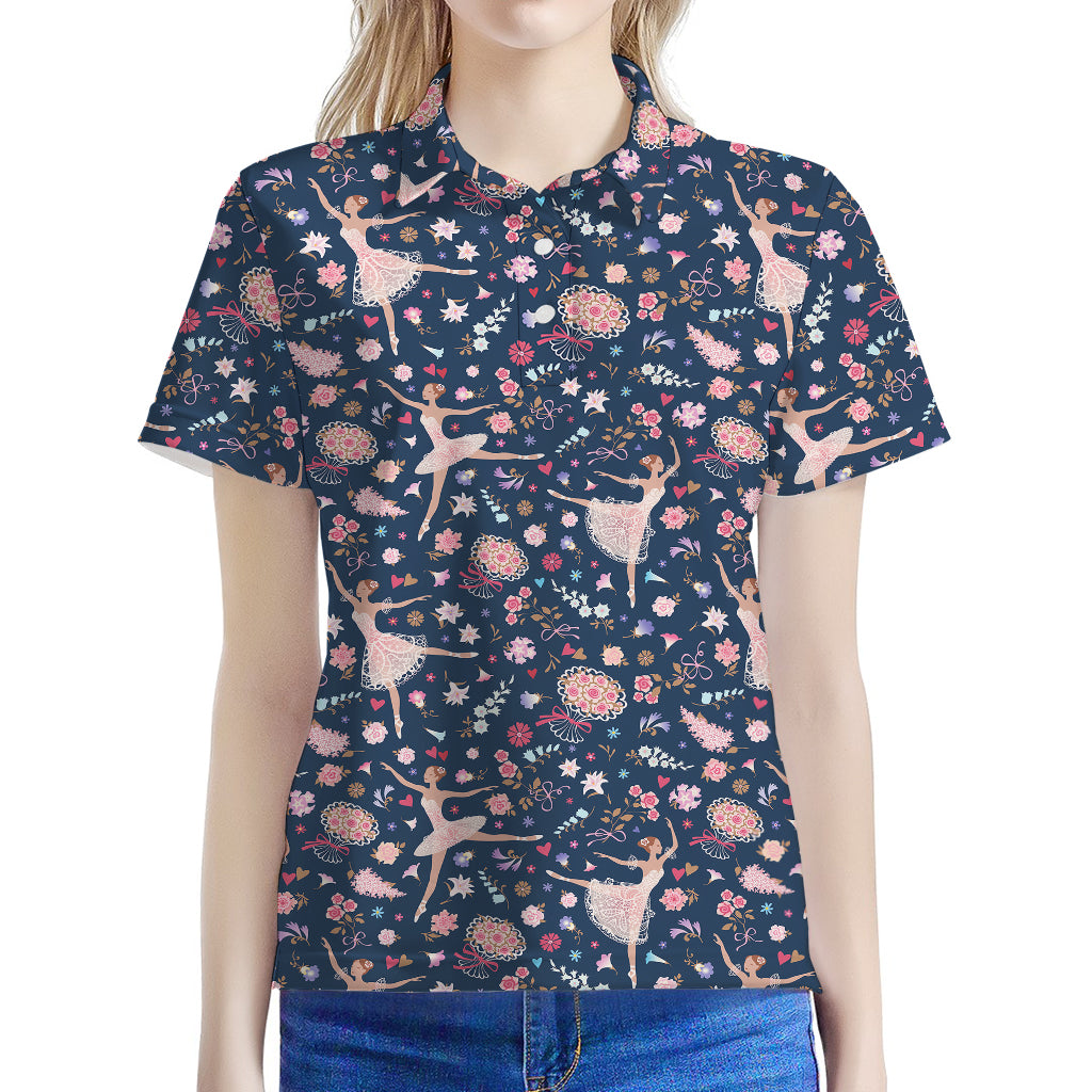 Floral Ballet Pattern Print Women's Polo Shirt