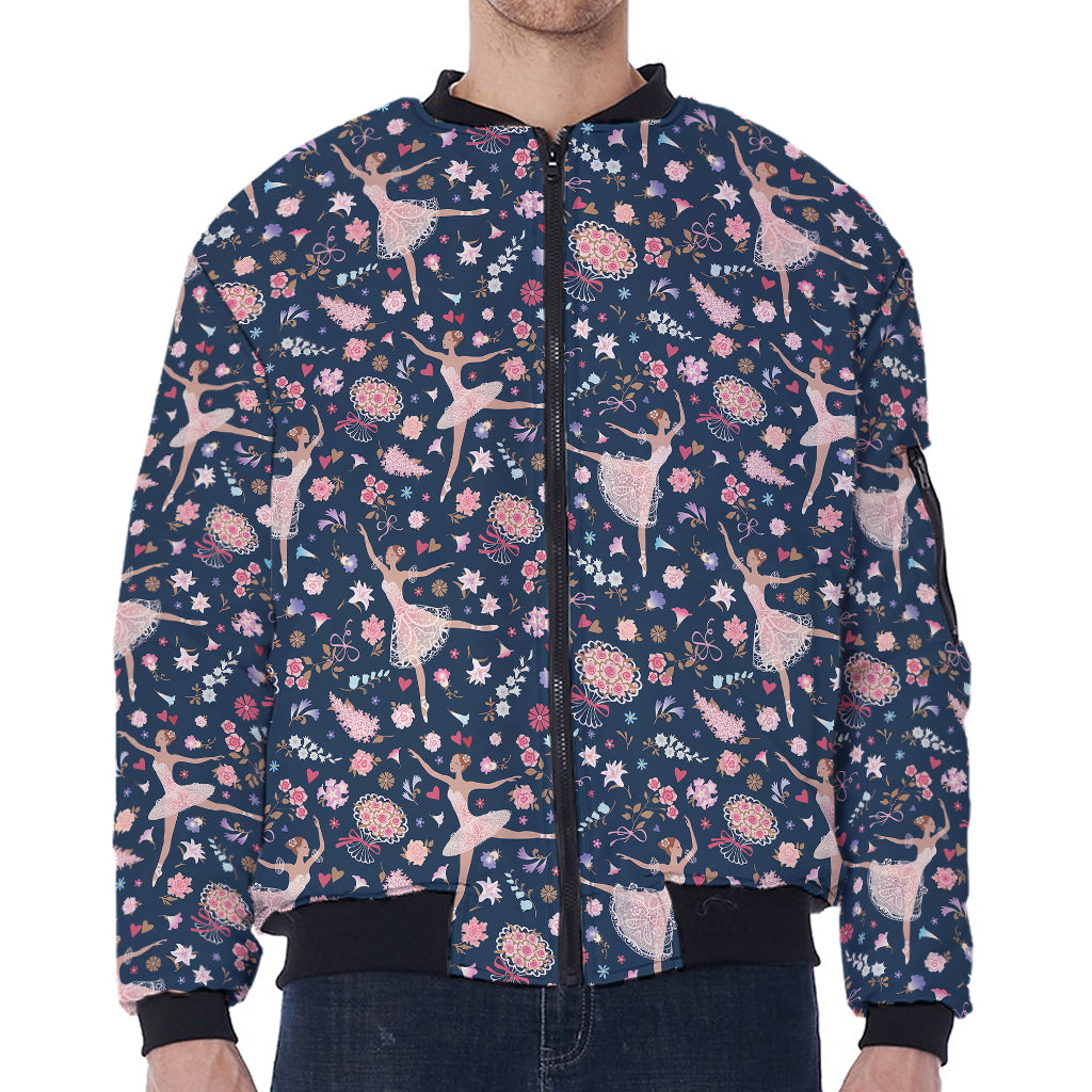 Floral Ballet Pattern Print Zip Sleeve Bomber Jacket