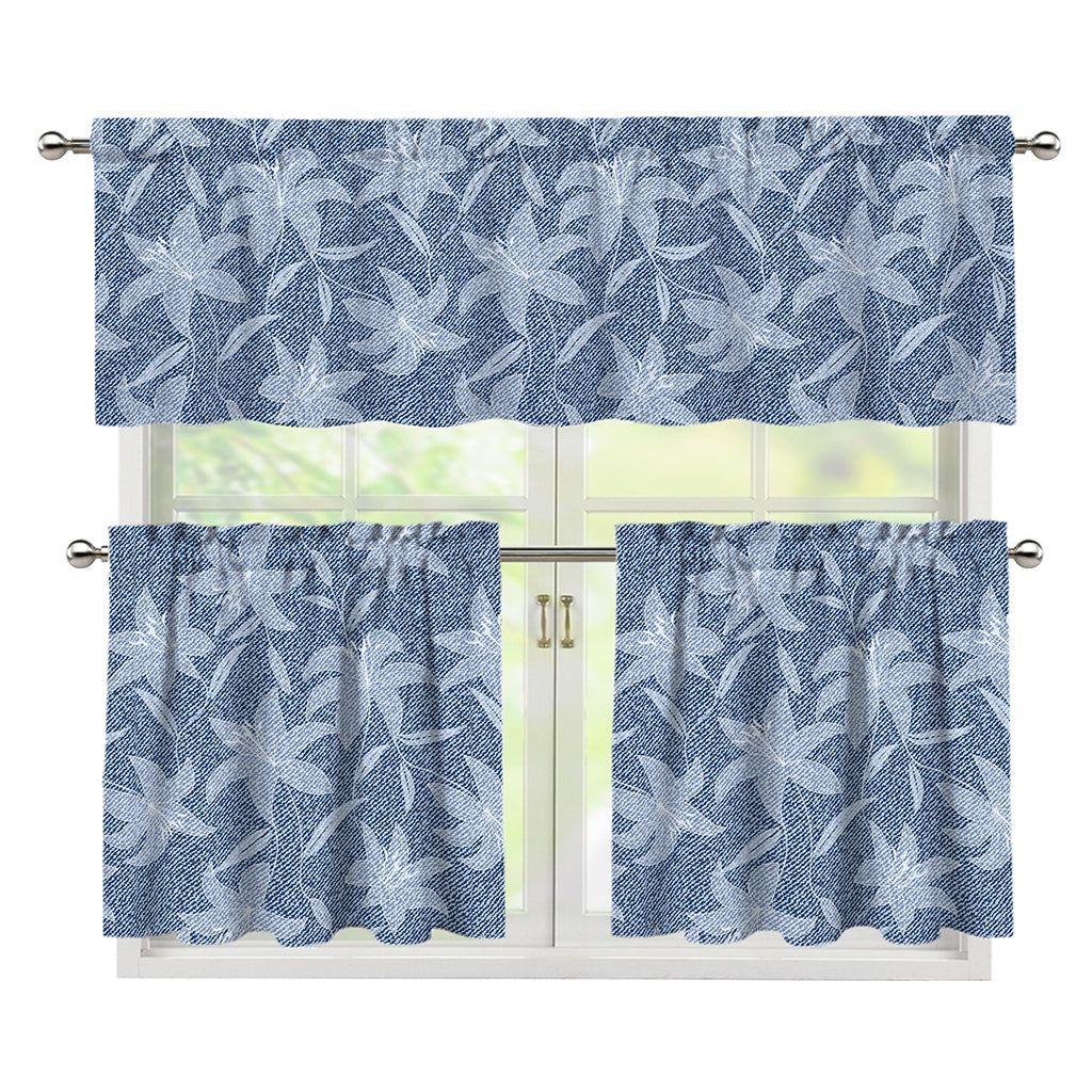 Floral Denim Jeans Pattern Print 3 Piece Kitchen Curtains