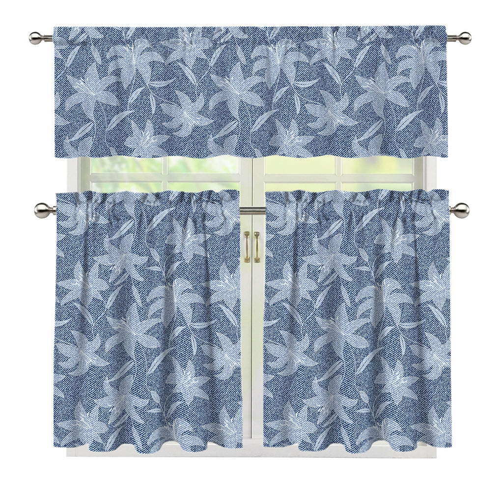 Floral Denim Jeans Pattern Print 3 Piece Kitchen Curtains