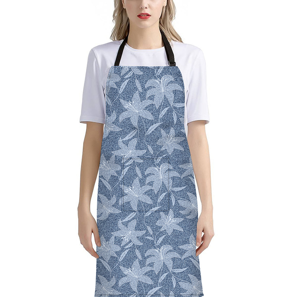 Floral Denim Jeans Pattern Print Bib Apron With Pocket