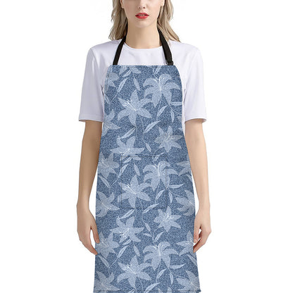 Floral Denim Jeans Pattern Print Bib Apron With Pocket
