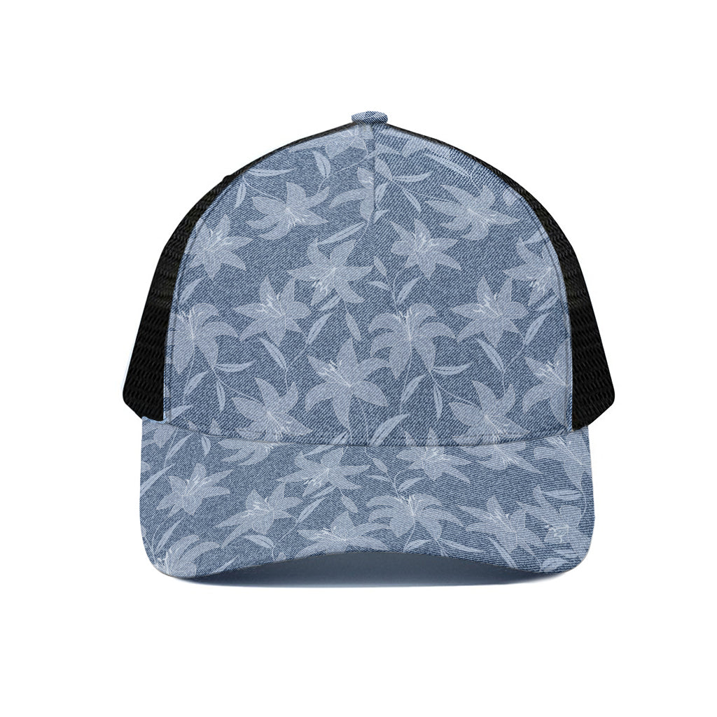 Floral Denim Jeans Pattern Print Black Mesh Trucker Cap