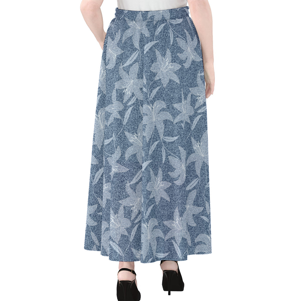 Floral Denim Jeans Pattern Print Chiffon Maxi Skirt