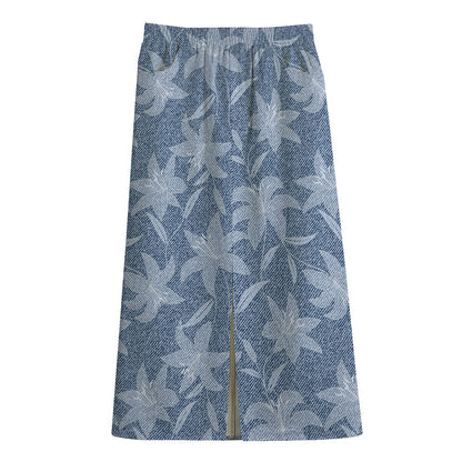 Floral Denim Jeans Pattern Print Cotton Front Slit Maxi Skirt