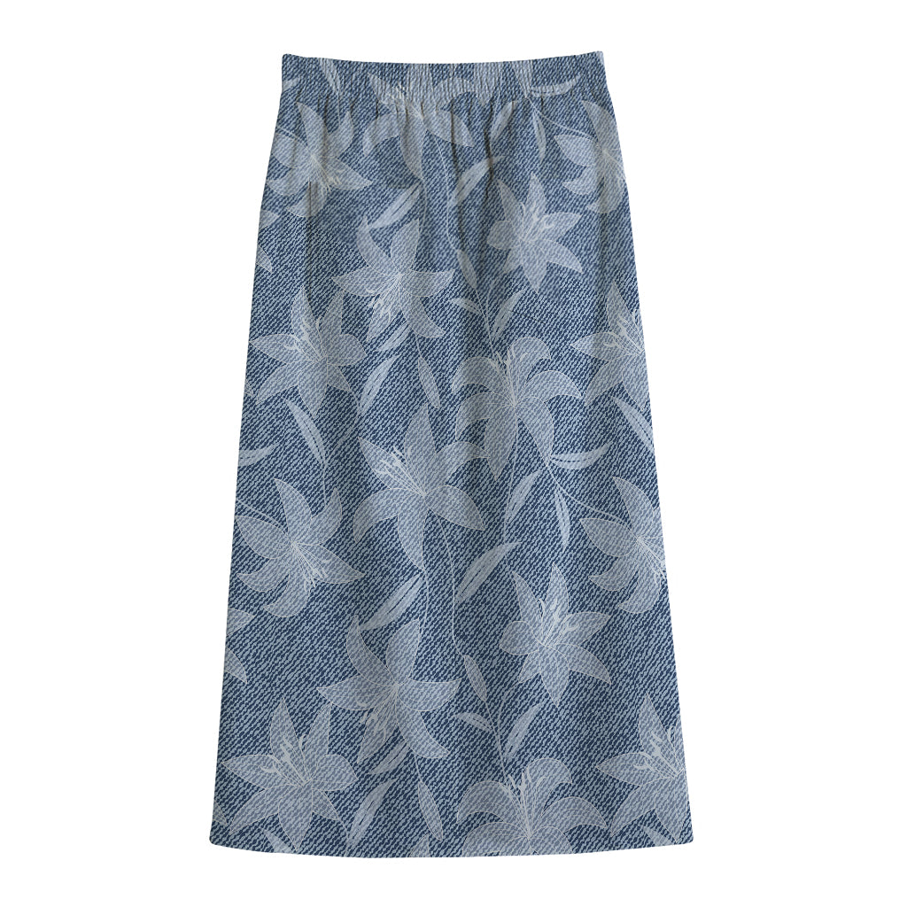 Floral Denim Jeans Pattern Print Cotton Front Slit Maxi Skirt