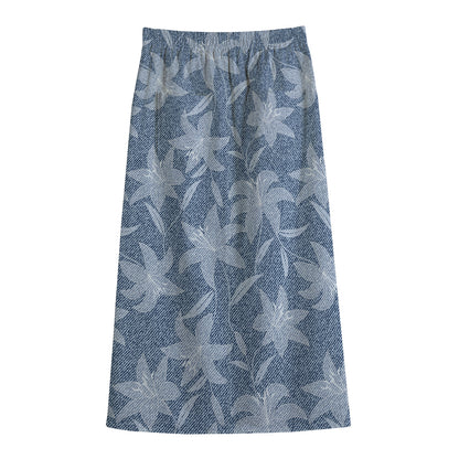 Floral Denim Jeans Pattern Print Cotton Front Slit Maxi Skirt