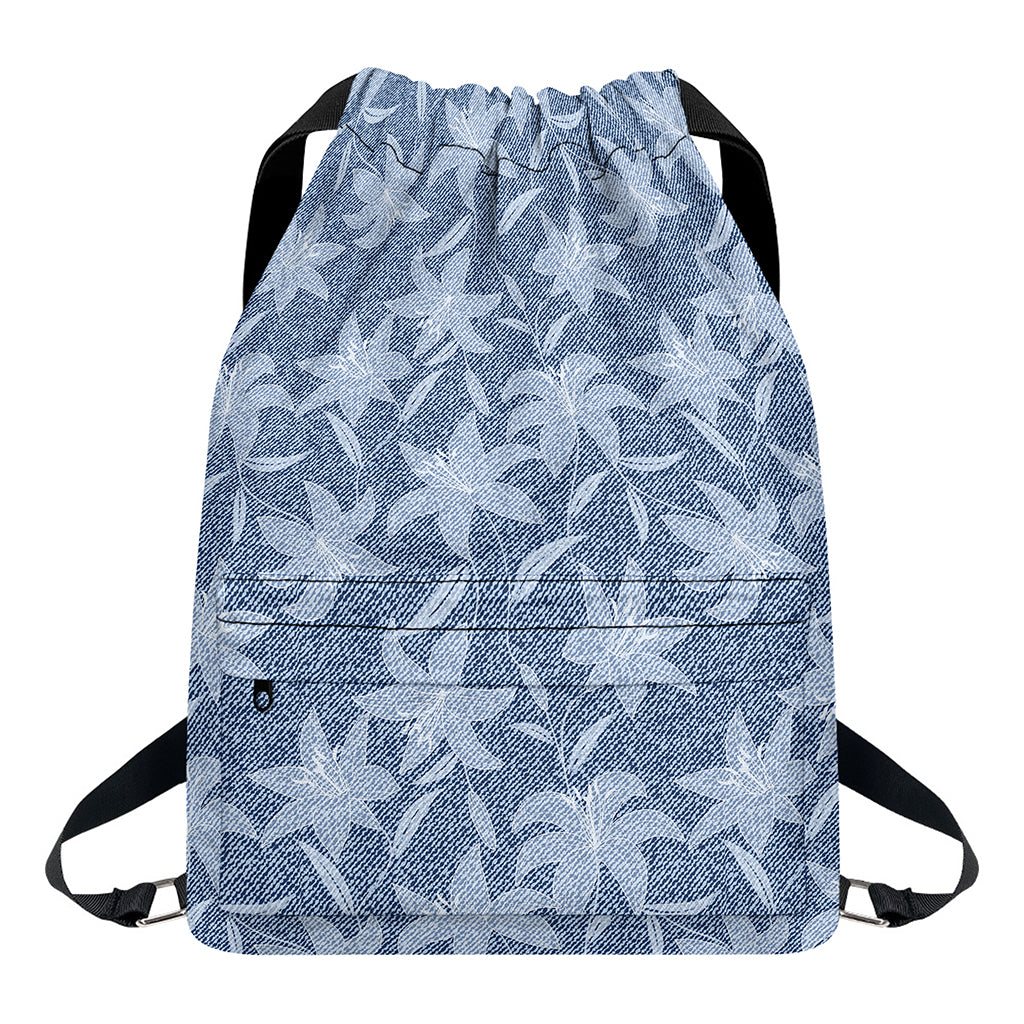 Floral Denim Jeans Pattern Print Drawstring Backpack