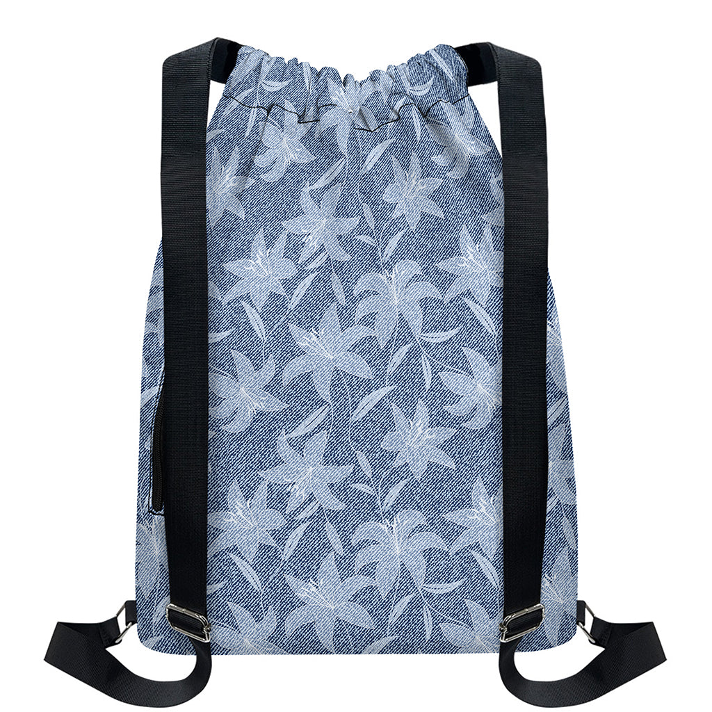 Floral Denim Jeans Pattern Print Drawstring Backpack