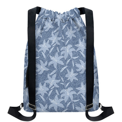 Floral Denim Jeans Pattern Print Drawstring Backpack