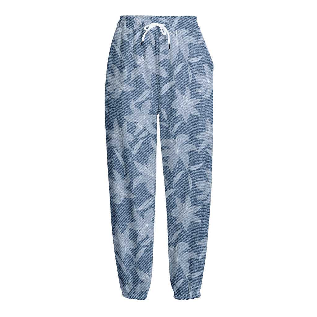 Floral Denim Jeans Pattern Print Fleece Lined Knit Pants
