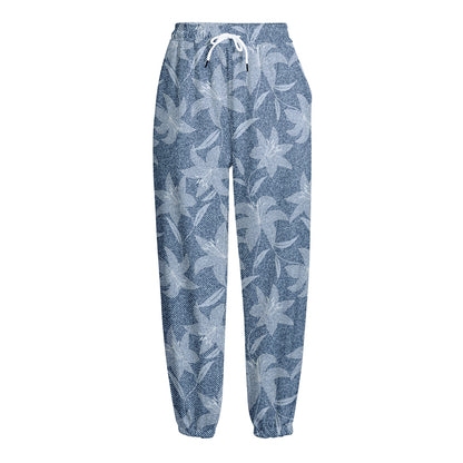 Floral Denim Jeans Pattern Print Fleece Lined Knit Pants