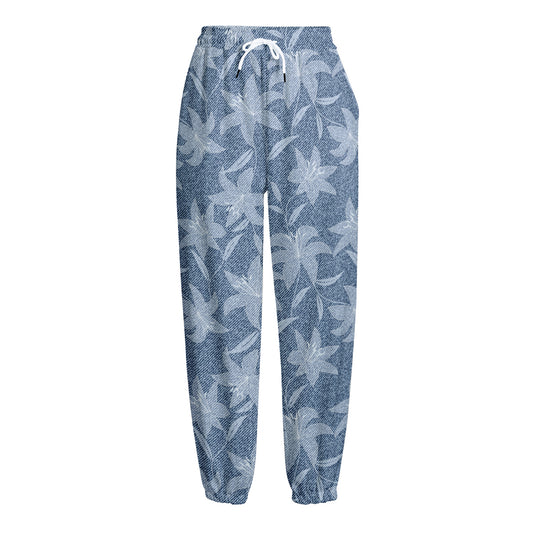 Floral Denim Jeans Pattern Print Fleece Lined Knit Pants
