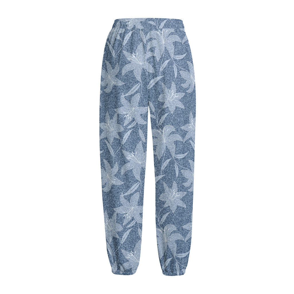Floral Denim Jeans Pattern Print Fleece Lined Knit Pants
