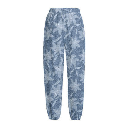 Floral Denim Jeans Pattern Print Fleece Lined Knit Pants