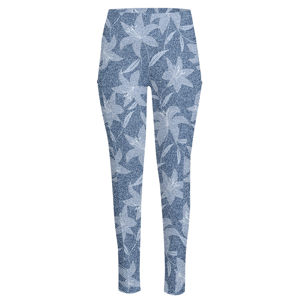 Floral Denim Jeans Pattern Print High-Waisted Pocket Leggings
