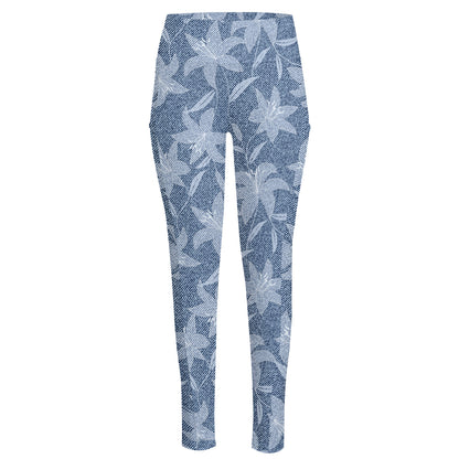Floral Denim Jeans Pattern Print High-Waisted Pocket Leggings
