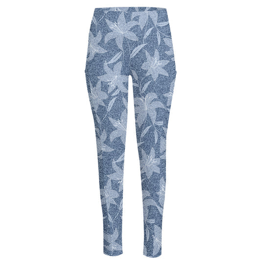 Floral Denim Jeans Pattern Print High-Waisted Pocket Leggings
