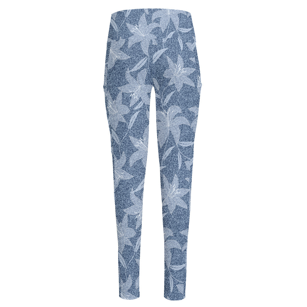 Floral Denim Jeans Pattern Print High-Waisted Pocket Leggings