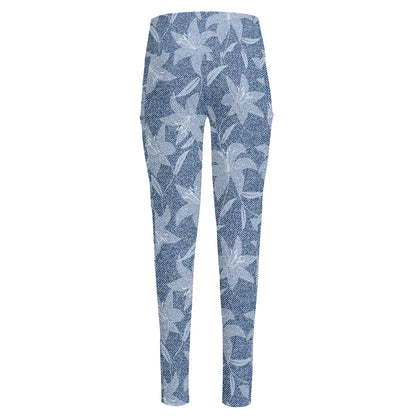 Floral Denim Jeans Pattern Print High-Waisted Pocket Leggings