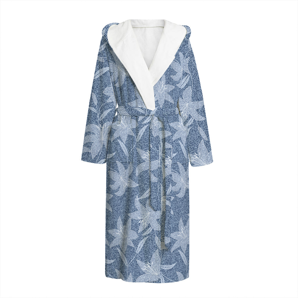 Floral Denim Jeans Pattern Print Hooded Bathrobe