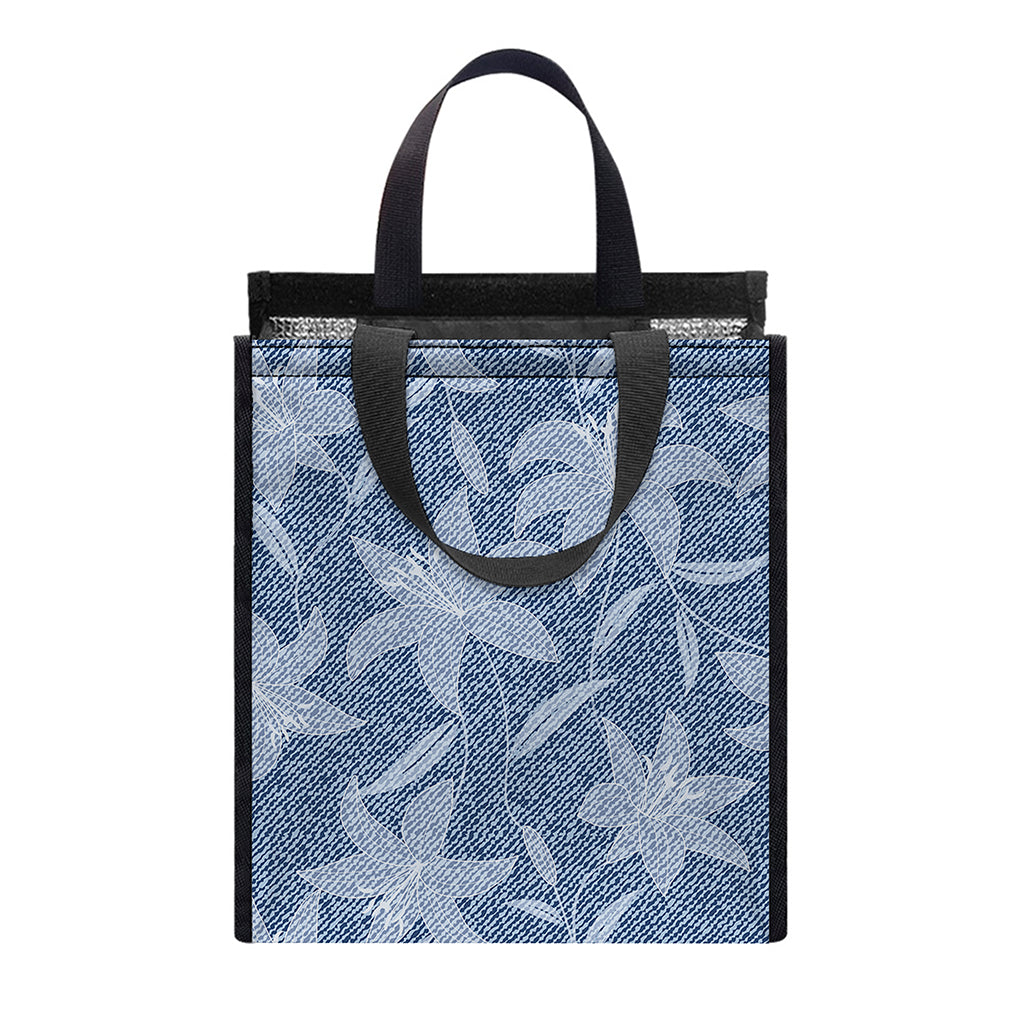 Floral Denim Jeans Pattern Print Insulated Lunch Tote