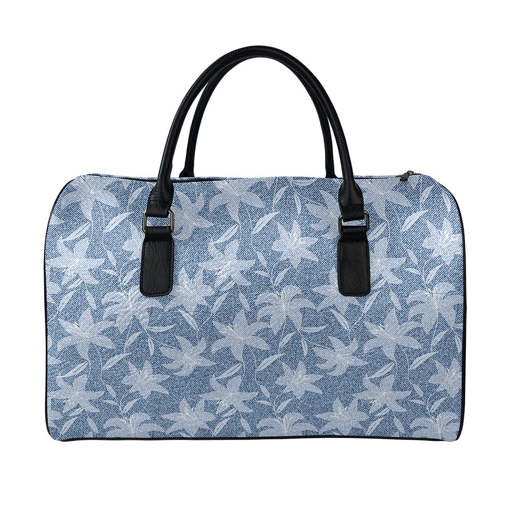 Floral Denim Jeans Pattern Print Leather Duffle Bag
