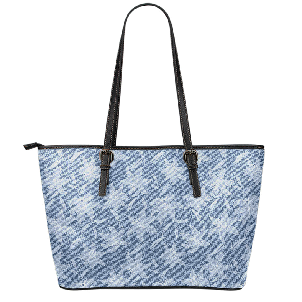 Floral Denim Jeans Pattern Print Leather Tote Bag