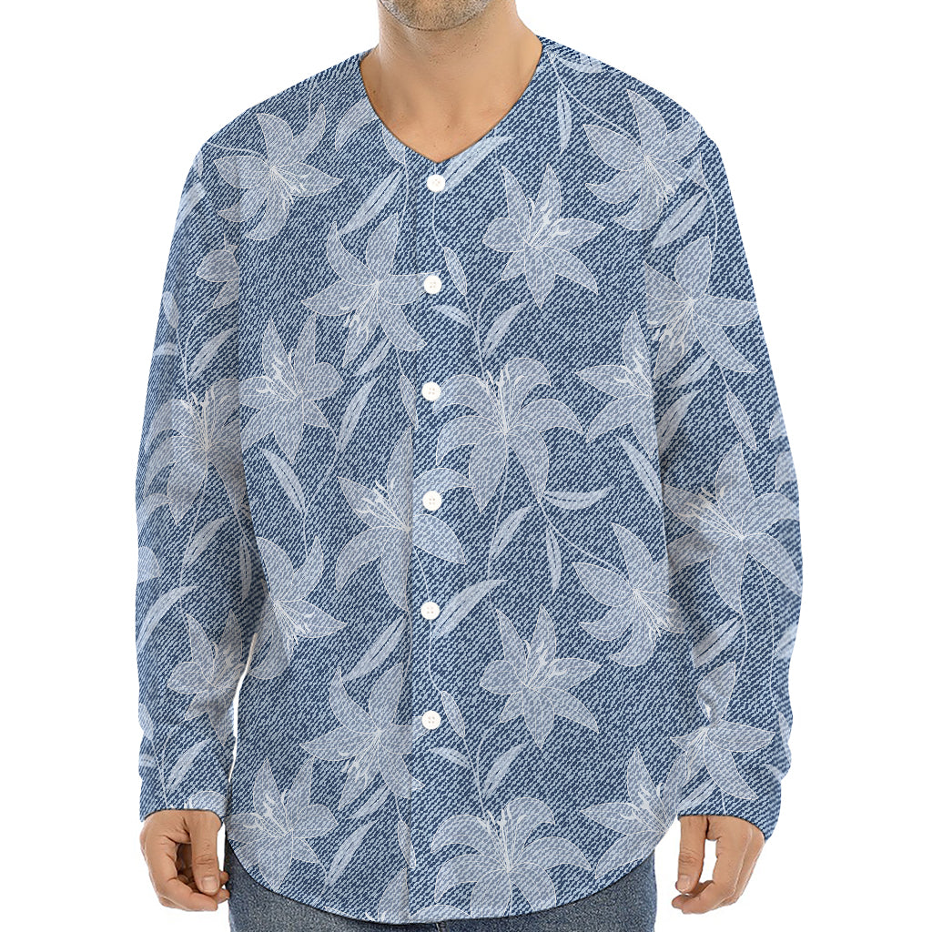 Floral Denim Jeans Pattern Print Long Sleeve Baseball Jersey
