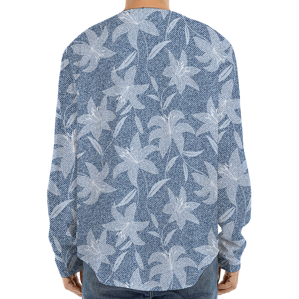 Floral Denim Jeans Pattern Print Long Sleeve Baseball Jersey