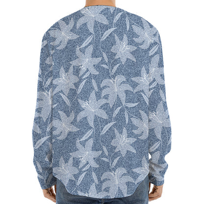 Floral Denim Jeans Pattern Print Long Sleeve Baseball Jersey