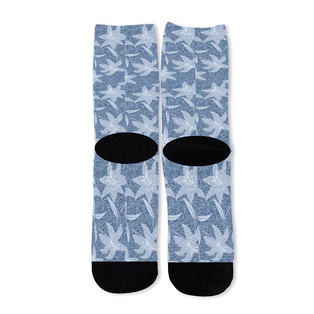Floral Denim Jeans Pattern Print Long Socks