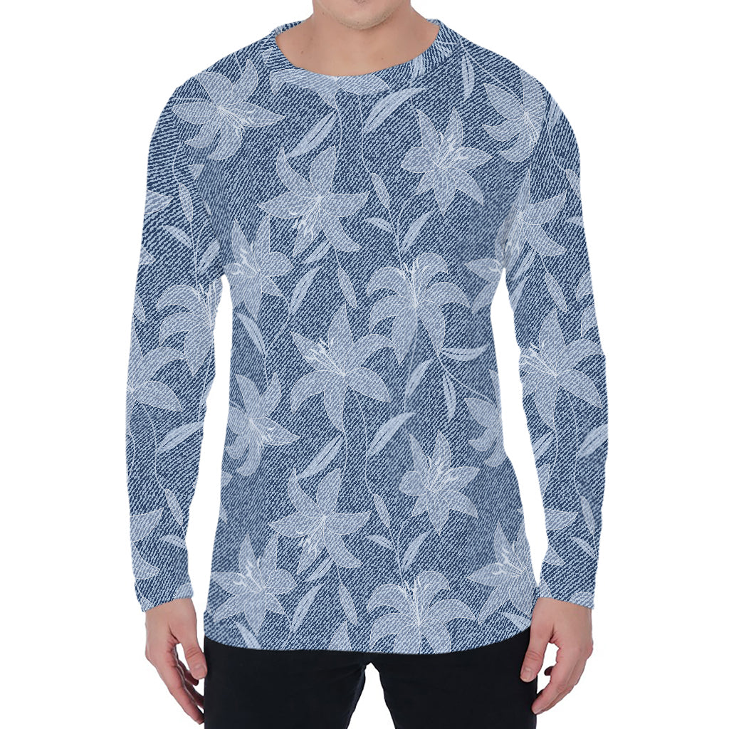 Floral Denim Jeans Pattern Print Men's Long Sleeve T-Shirt