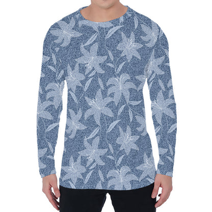 Floral Denim Jeans Pattern Print Men's Long Sleeve T-Shirt